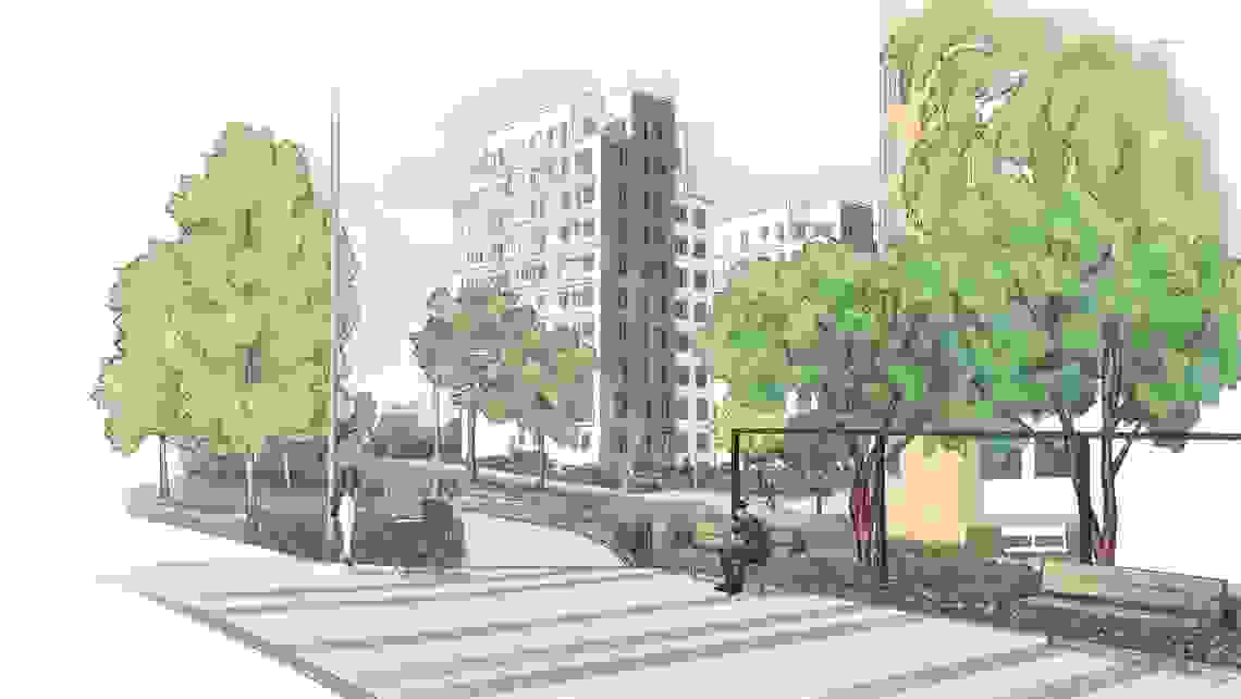 Illustration som visar hur parken i Mörby centrum ska utvecklas med gångstråk, träd och grönska.