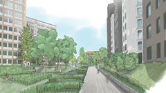 Illustration som visar hur parken i Mörby centrum ska utvecklas med gångstråk, träd och grönska.