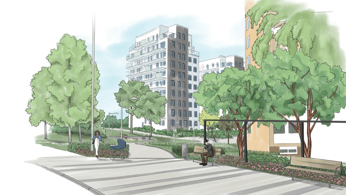 Illustration som visar hur parken i Mörby centrum ska utvecklas med gångstråk, träd och grönska.