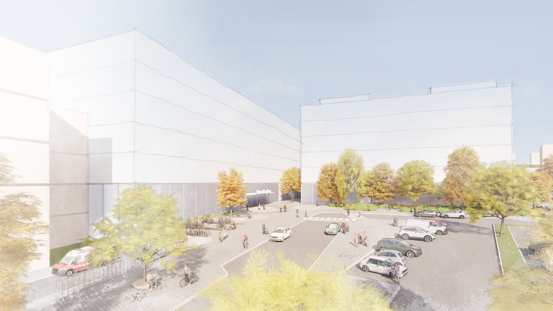 Skiss över entrén till Danderyds sjukhus ur förslag till ny detaljplan. Samråd våren 2025.