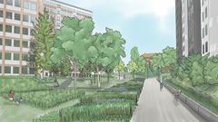 Illustration som visar hur parken i Mörby centrum ska utvecklas med gångstråk, träd och grönska.