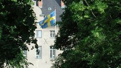 Hissad svensk flagga i grönskan vid Djursholms slott.