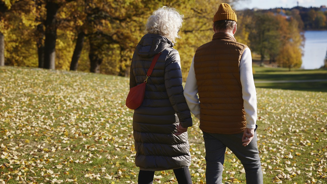 Äldre par pĺ höstpromenad