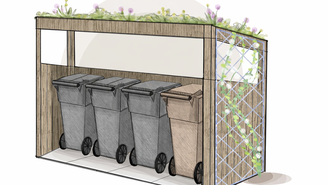 Fyra tunnor har byggts in med en tr&auml;konstruktion som har v&auml;xter p&aring; tak och v&auml;ggar.