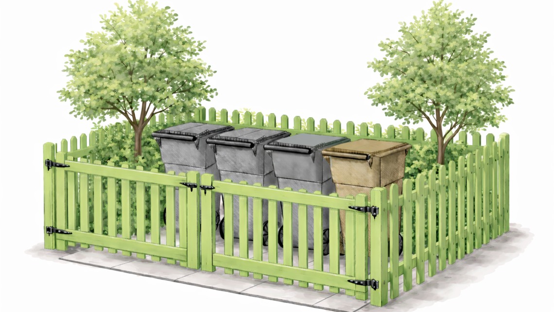 Fyra soptunnor har ramats in med ett gr&ouml;nt staket och gr&ouml;nska.