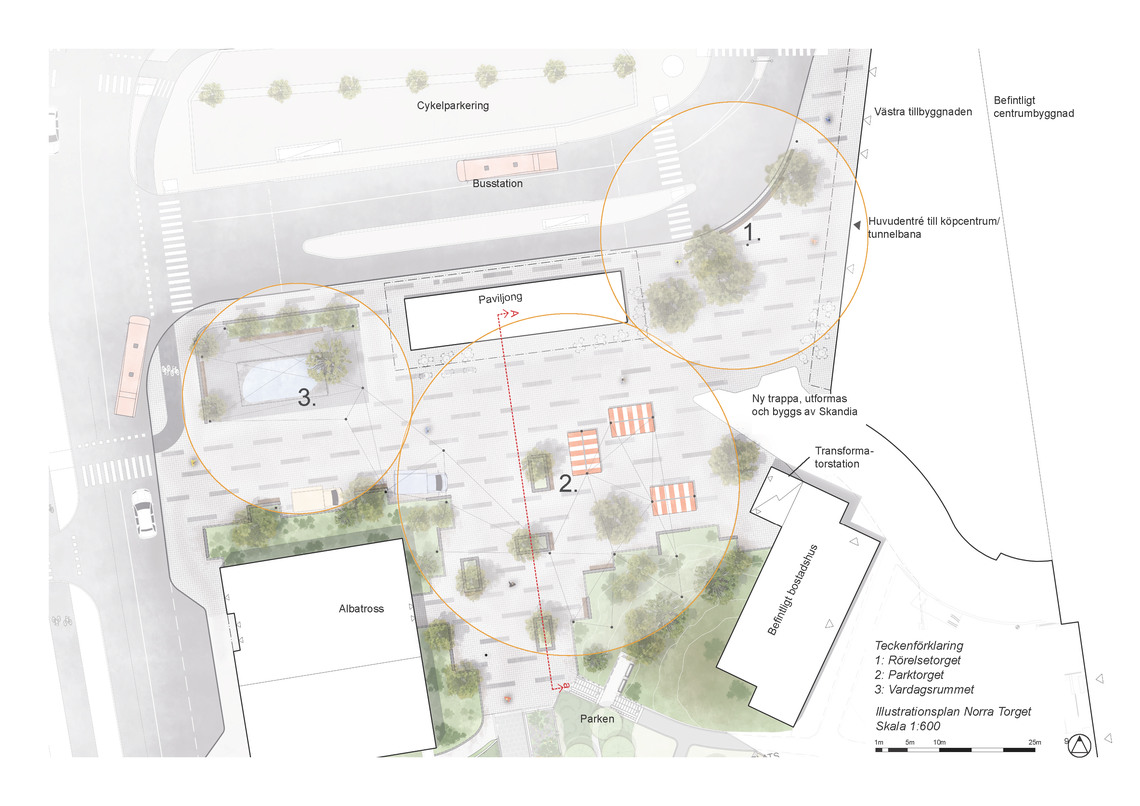 Illustration som visar hur norra torget vid Mörby centrum är tänkt att byggas om