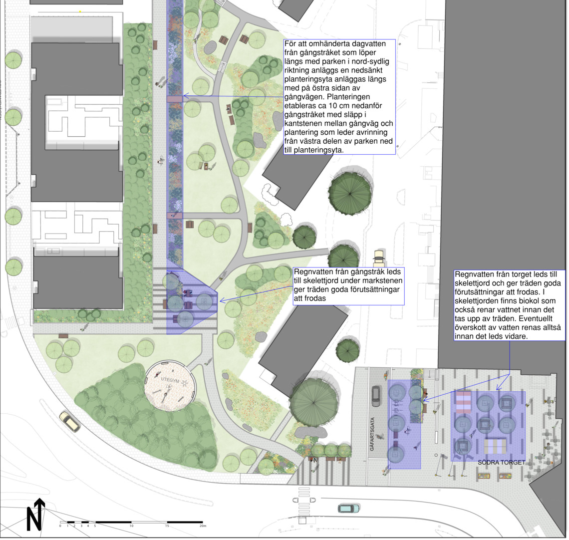 En kartskiss som visar planen för parken i Mörby centrum.