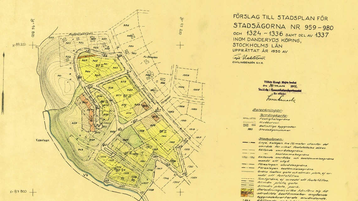 Illustration, stadsplan från 1950 över kvarter i Skogvik.