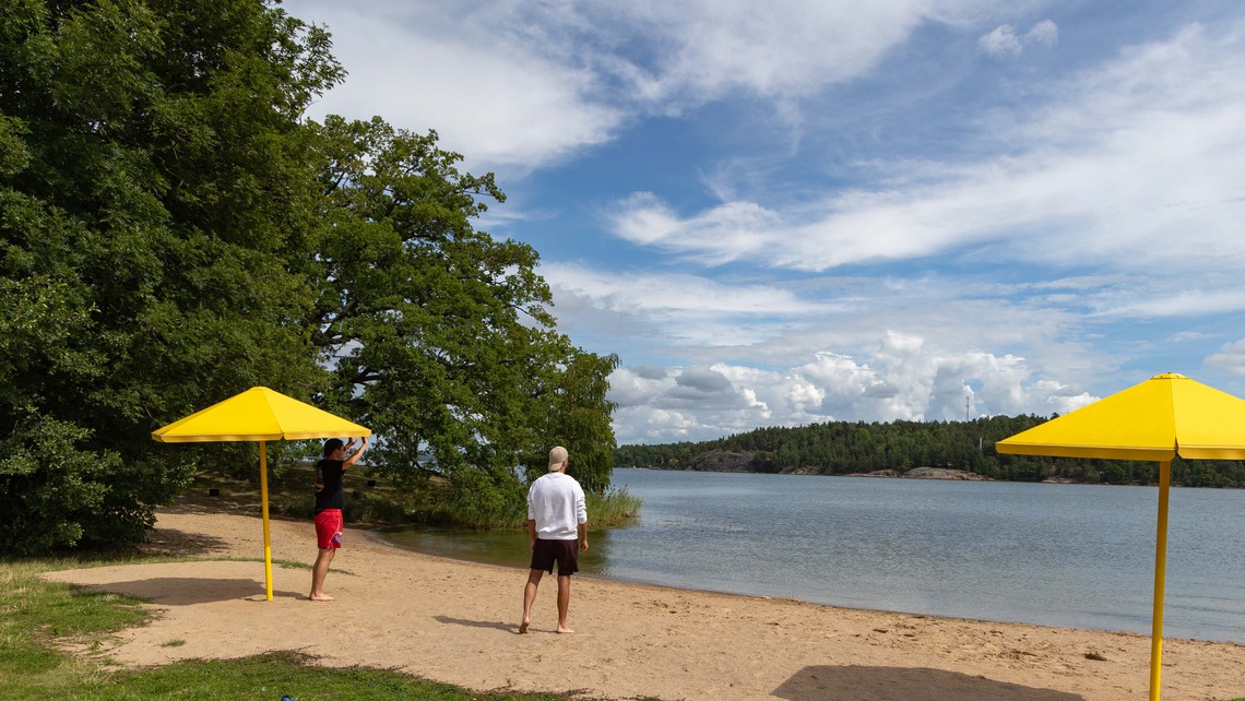 Två killar står på sandstranden och tittar ut mot havet.