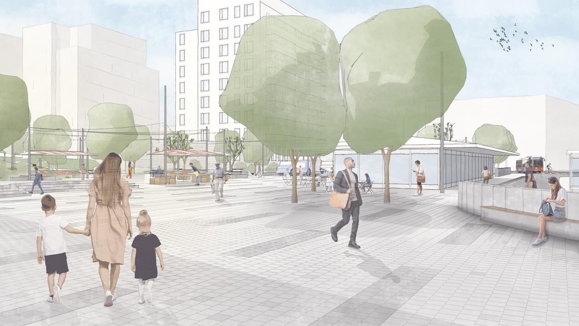 Illustrationer som visar hur norra torget vid Mörby centrum är tänkt att byggas om