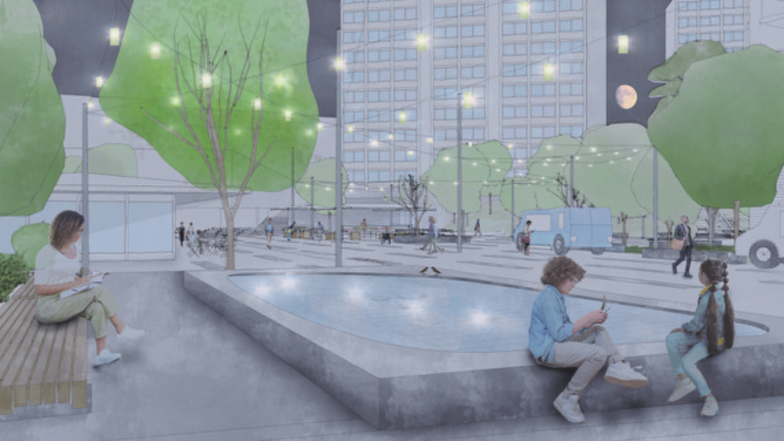 Illustrationer som visar hur norra torget vid Mörby centrum är tänkt att byggas om