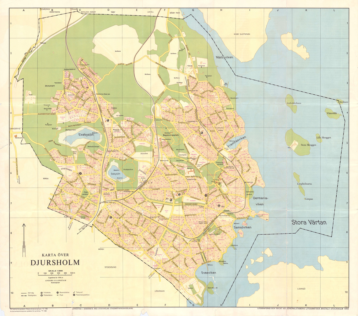 Karta &ouml;ver Djursholms stad fr&aring;n 1956.